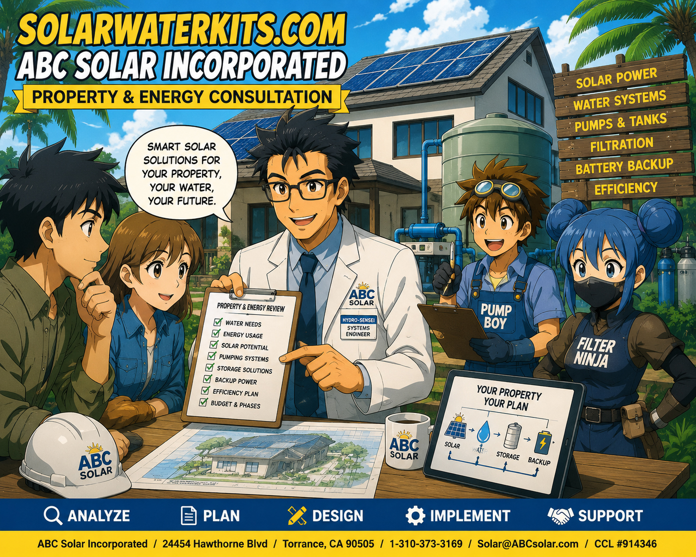 ABC Solar property and energy consultation with solar panels, pumps, tanks, batteries, and water-system planning.