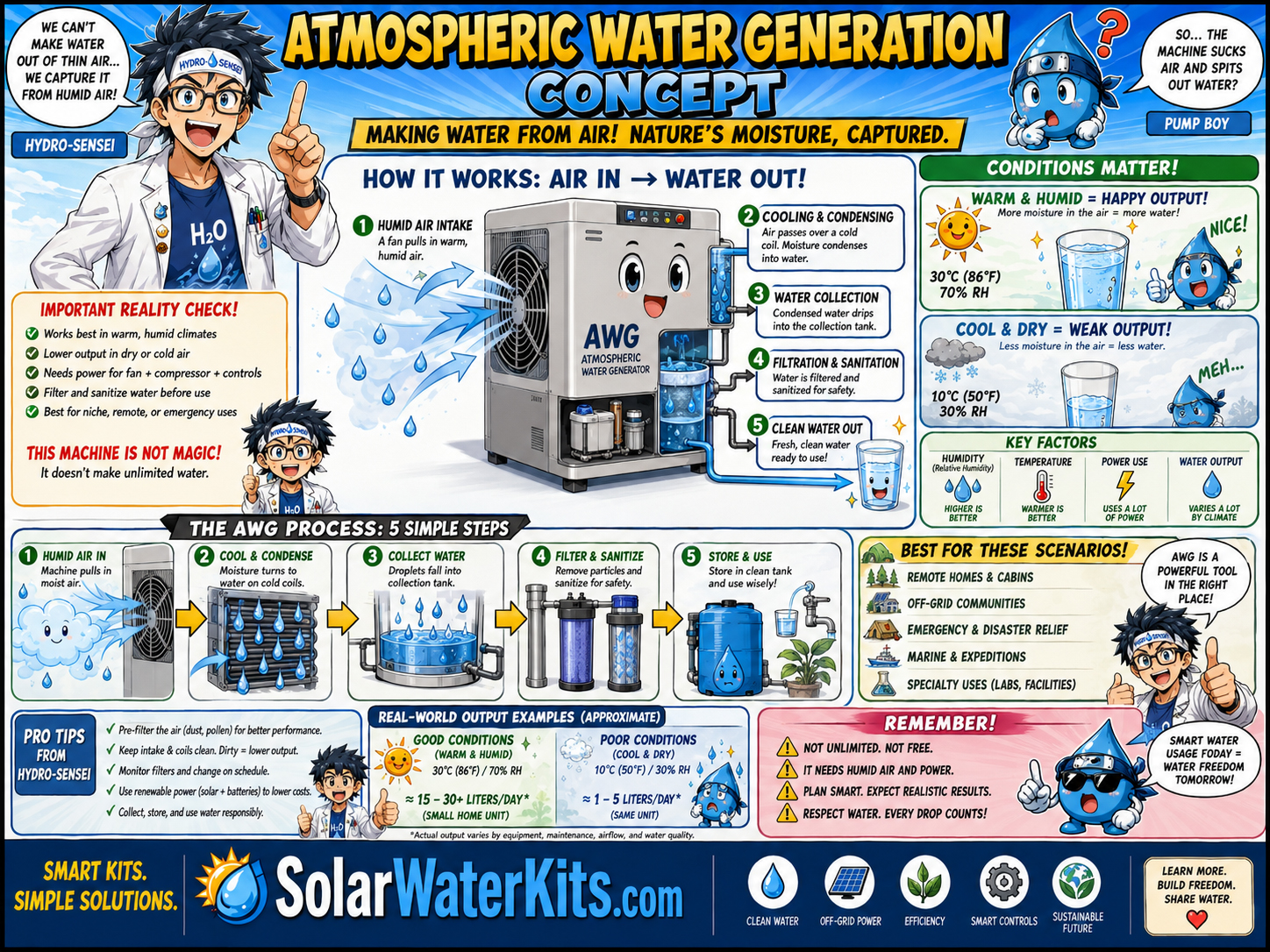 Atmospheric water generation concept with climate dependence and energy intensity notes.