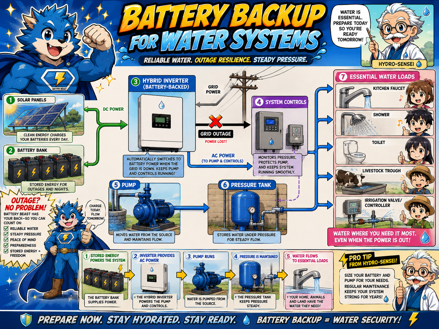 Battery backup for water system with inverter, pump, controls, pressure tank, and essential loads.