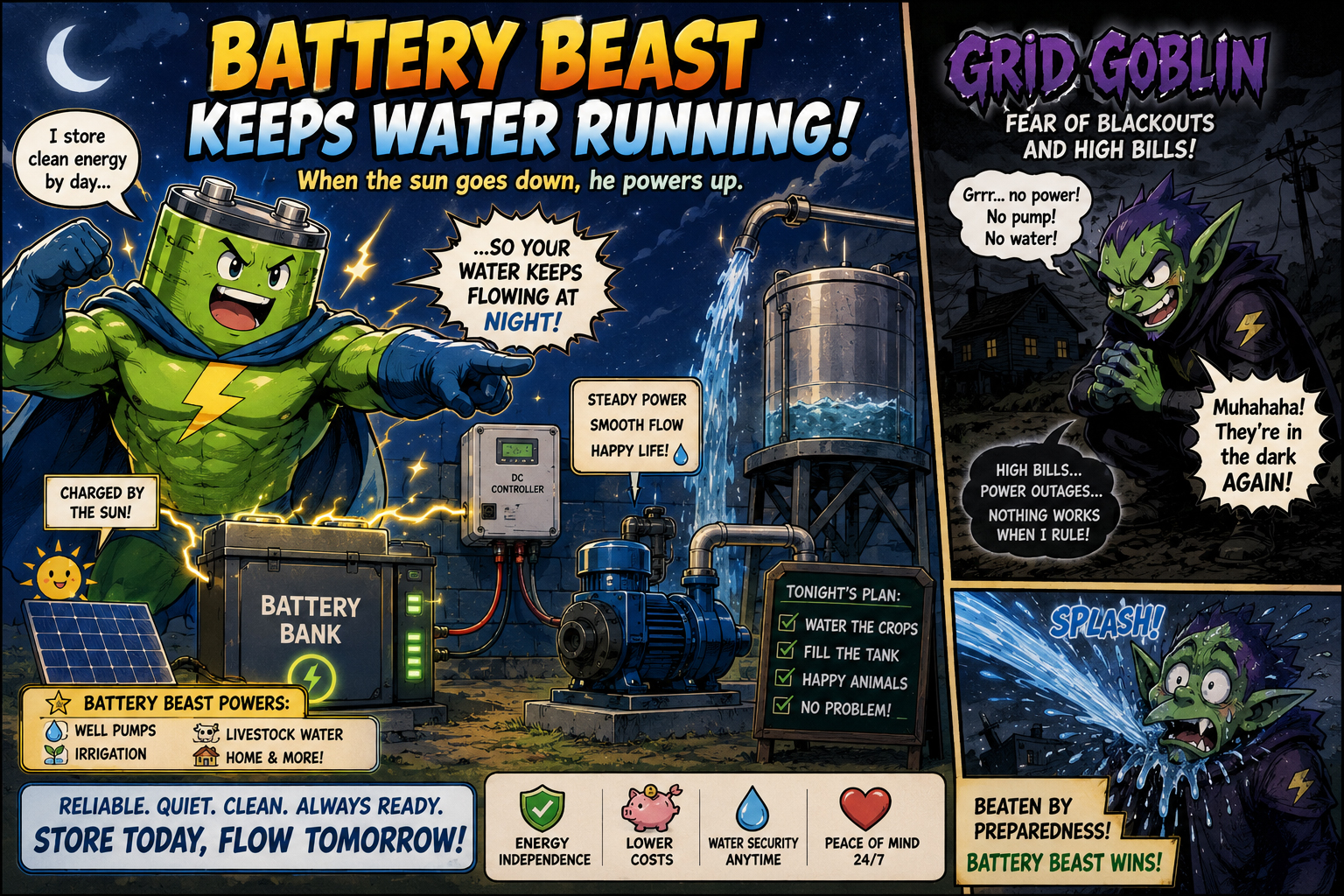 Battery Beast powers a water pump at night while Grid Goblin causes an outage outside.