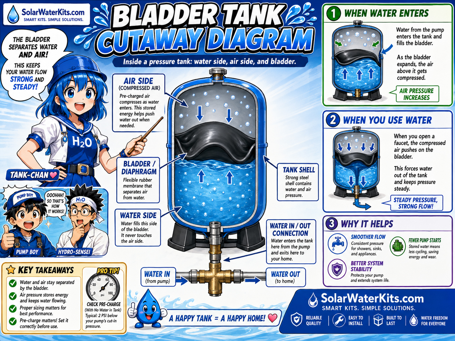 Cutaway manga diagram of a pressure tank showing air side, water side, bladder, and pressure behavior.