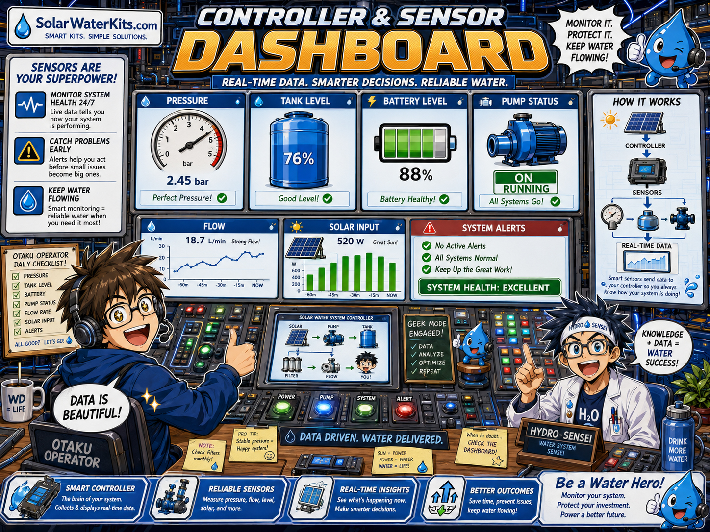 Otaku Operator monitoring pressure, tank level, battery level, pump status, and sunlight.