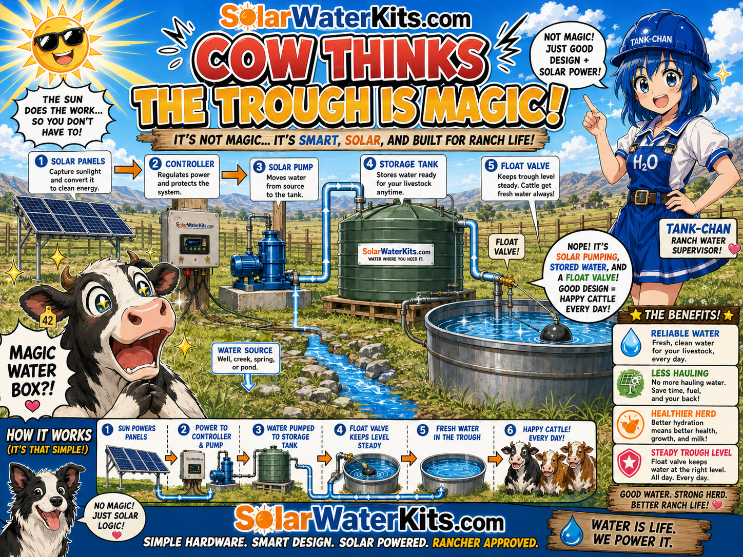 Funny livestock manga scene showing a cow amazed by a trough while float valves, storage, and reliable watering logic are visible.