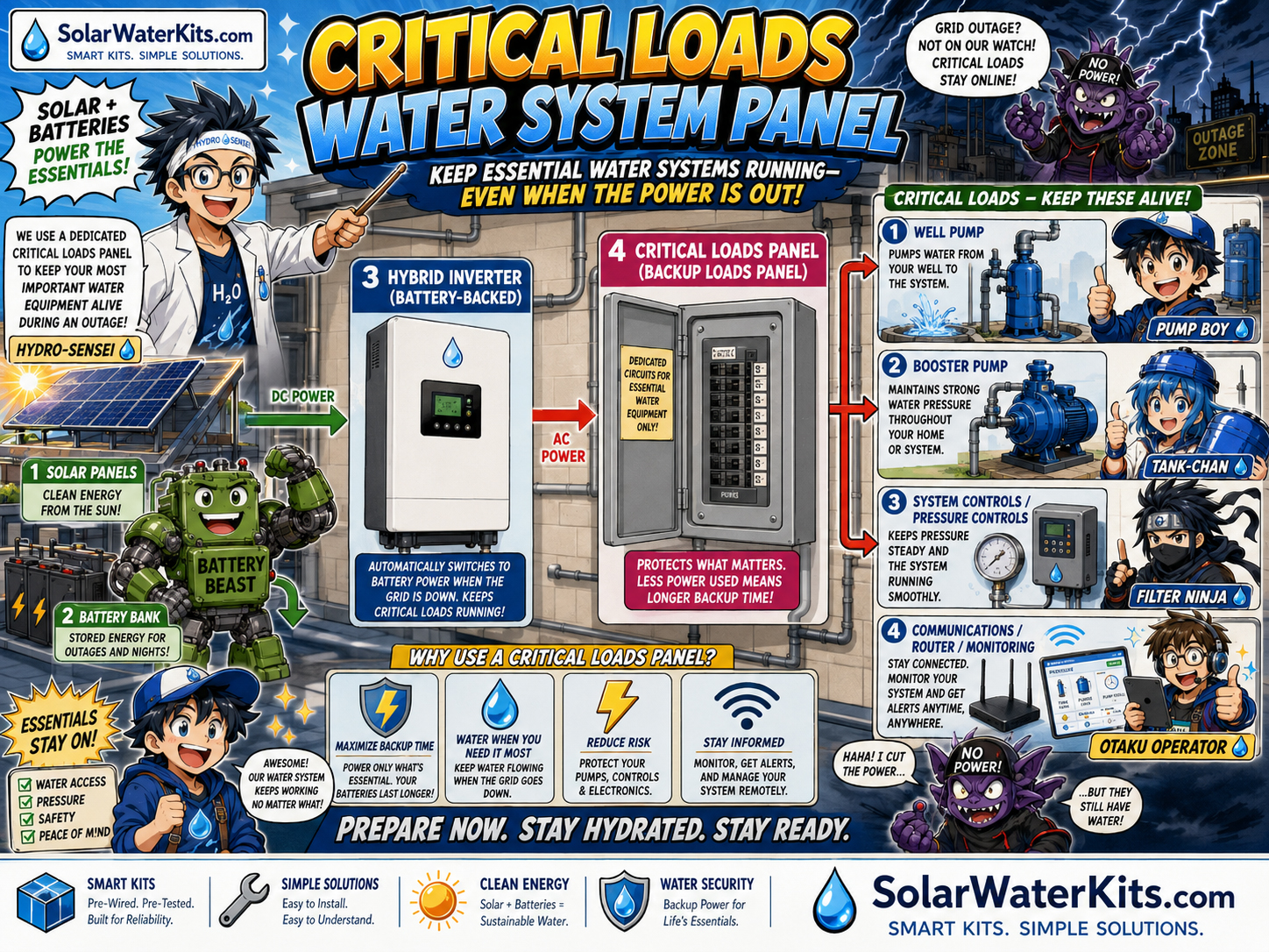 Dedicated backup loads panel serving well pump, booster pump, controls, and communications.