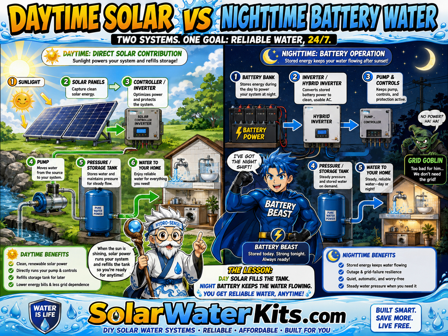 Daytime solar contribution versus nighttime battery operation for water systems.
