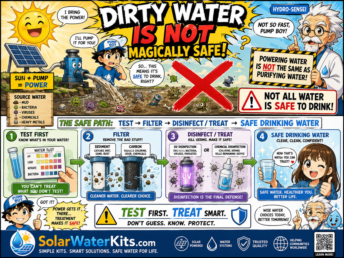 Humorous warning that sun plus pump does not equal safe drinking water.
