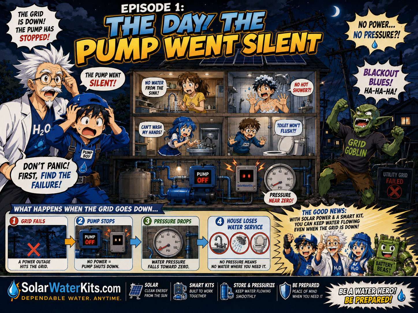 The grid fails, the pump stops, and the whole household panics.
