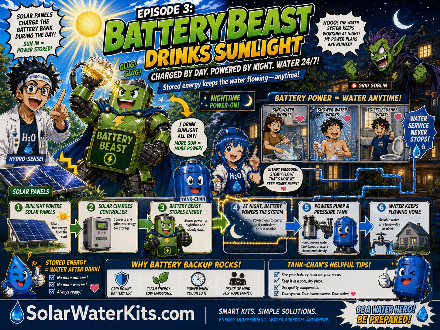 Battery Beast charges all day and powers the water system through the night.