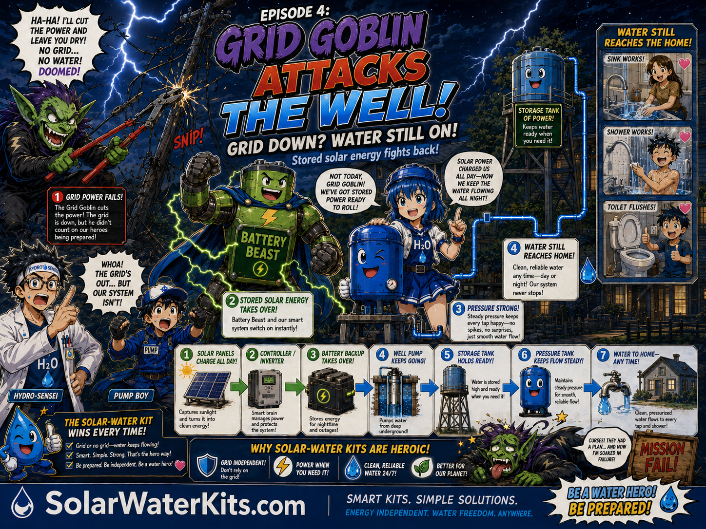 Grid Goblin ambushes the property, but the solar-water kit fights back.