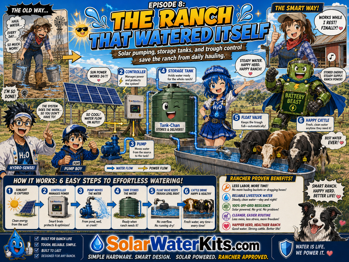 Solar pumping, storage tanks, and trough control save the ranch from daily hauling.
