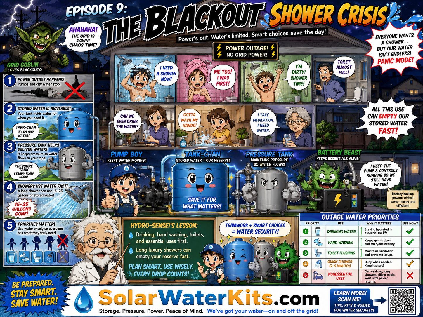 Everyone wants a shower during an outage while Hydro-Sensei explains priorities and storage.