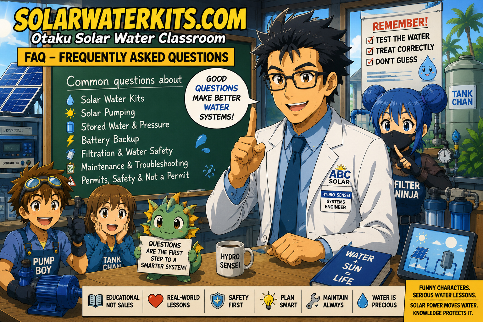 SolarWaterKits FAQ hero with Hydro-Sensei answering questions.