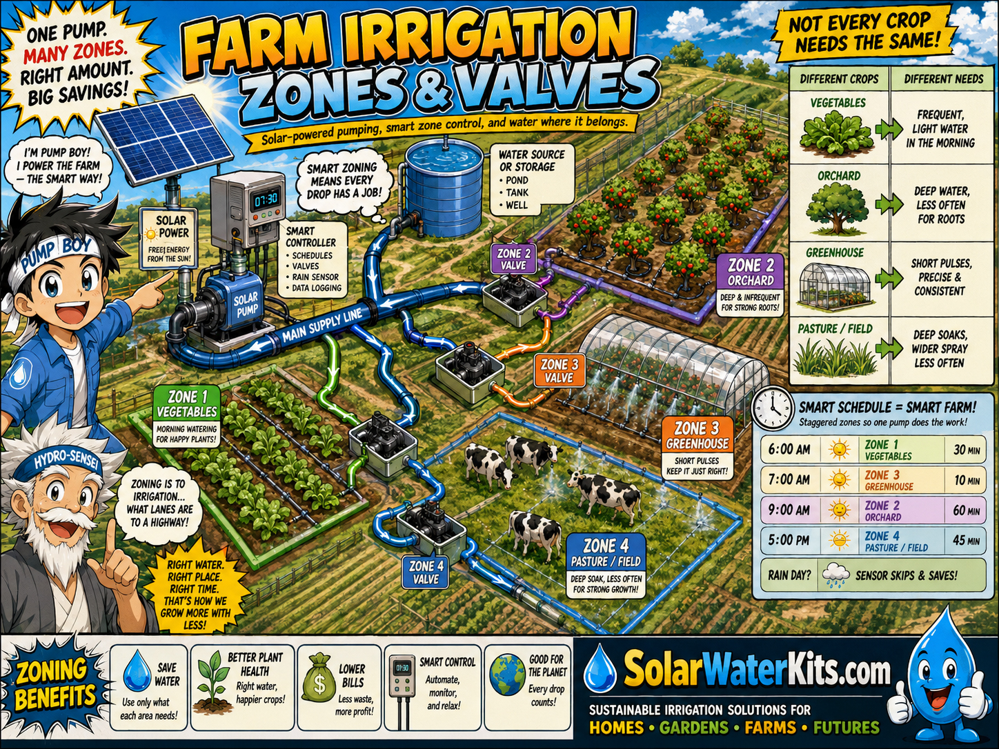 Comic map of irrigation zones, valves, timer logic, and solar-powered pumping.
