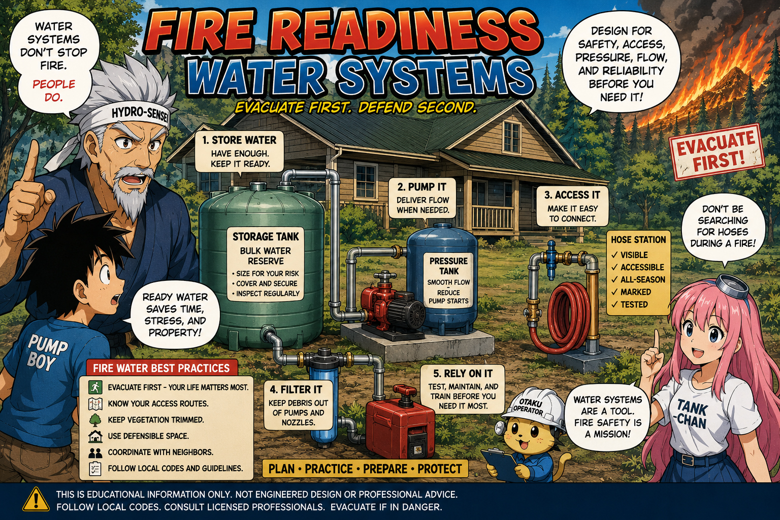 Fire readiness water system concept with stored water, pumps, hoses, and evacuation-first planning.