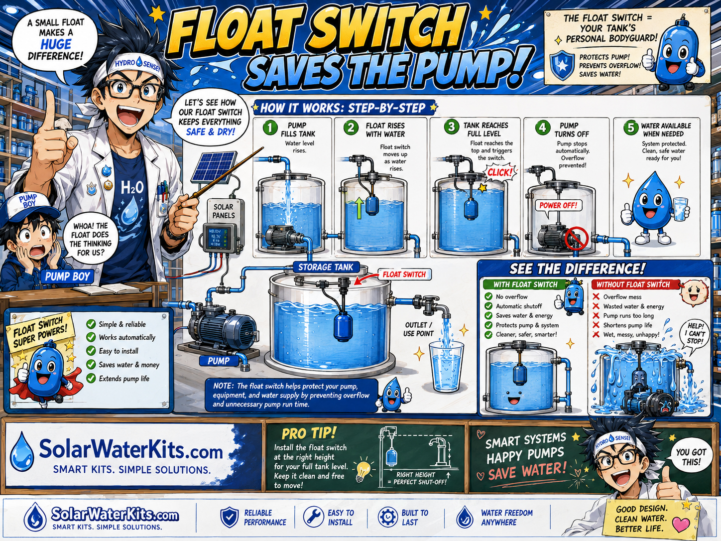 Float switch stops overflow and saves the pump.