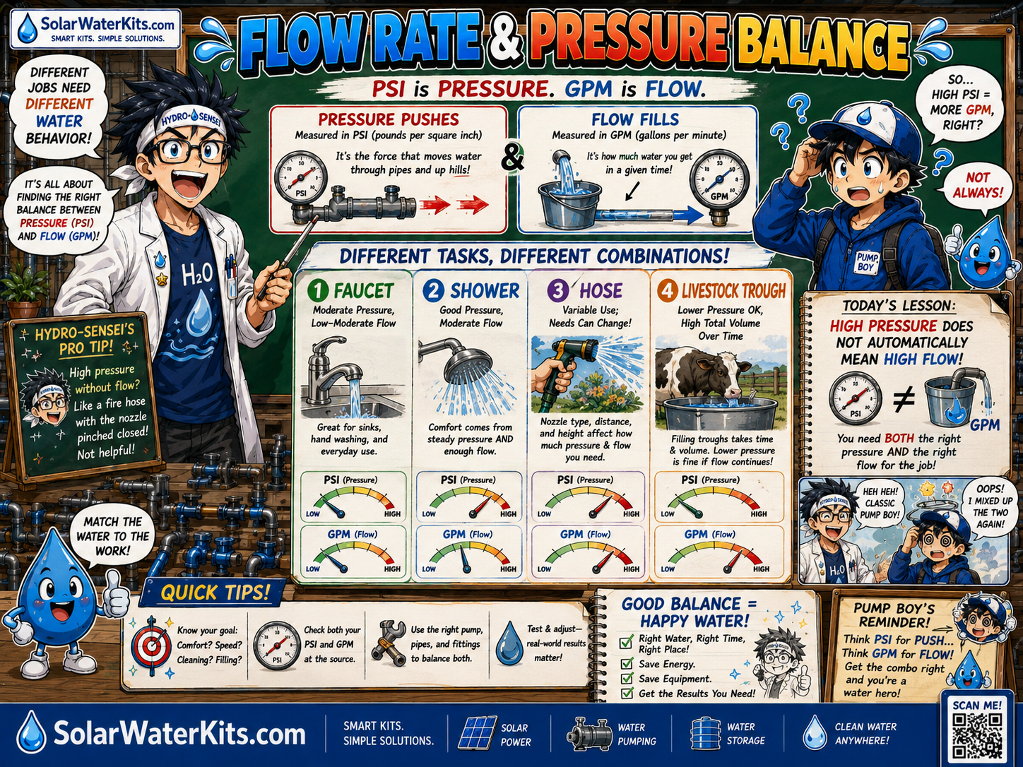 A faucet, shower, hose, and livestock trough each demand different flow and pressure profiles.