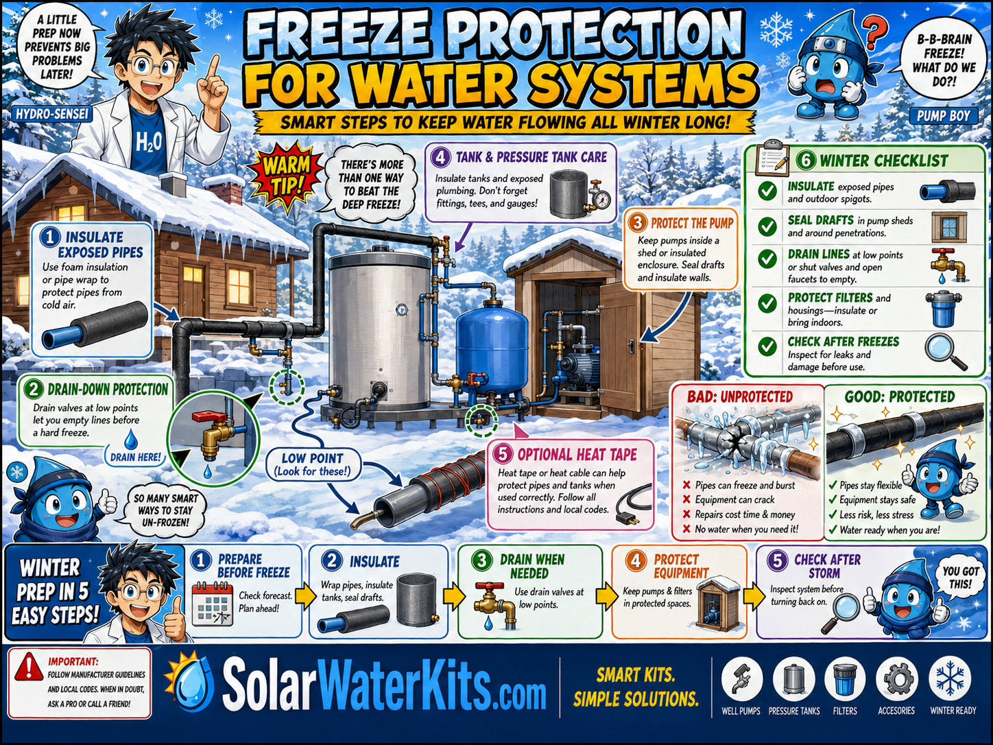 Winter scene showing insulation, drain-down, and freeze-protection concepts.