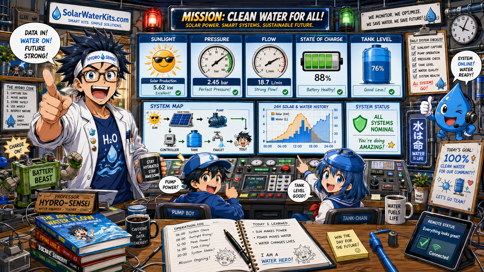 Otaku control room monitoring pressure, flow, state of charge, tank level, and sunlight.