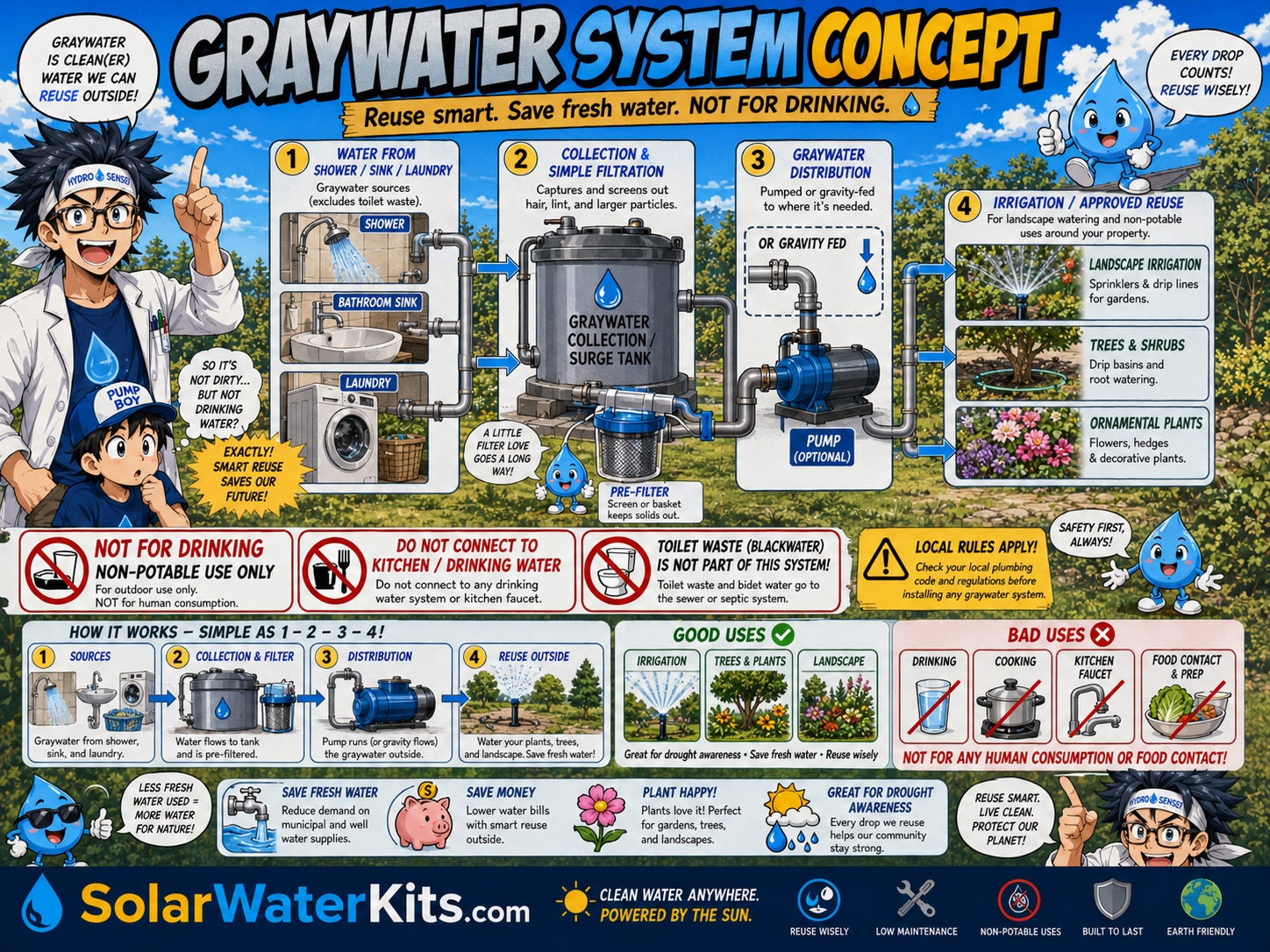 Educational graywater reuse concept with clear not-for-drinking labeling.