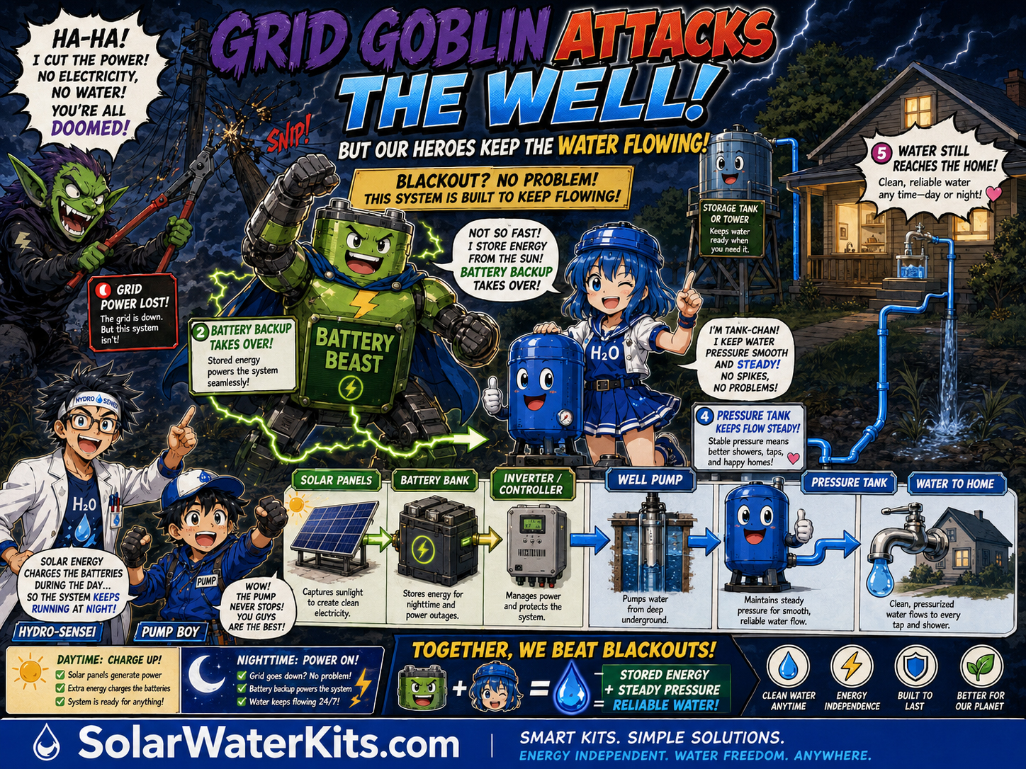 Grid Goblin cuts utility power while Battery Beast and Tank-chan keep the water system alive.