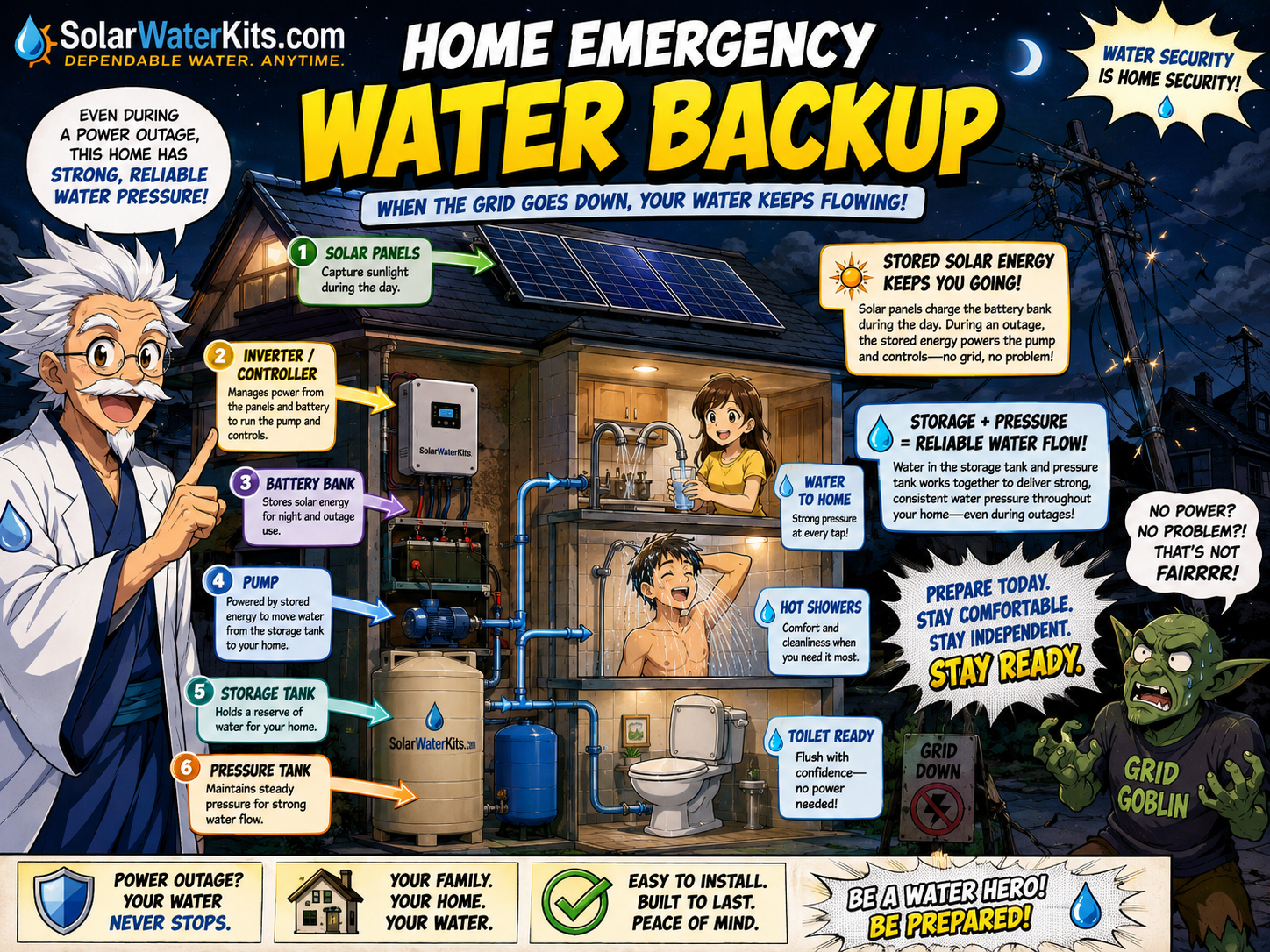 A home during an outage still has water pressure thanks to solar, batteries, storage, and backup water equipment.