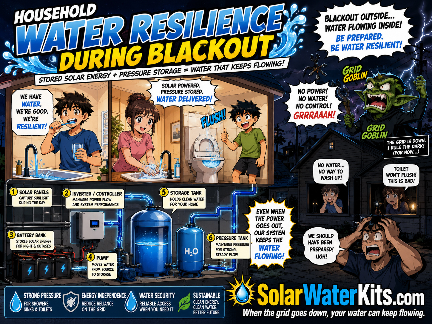 Family brushing teeth, washing hands, and flushing toilets while neighbors panic in the blackout.