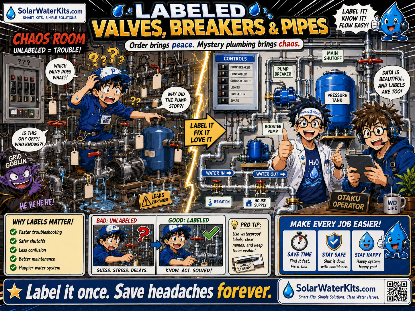Labeled valves, breakers, and pipes prevent water-system chaos.