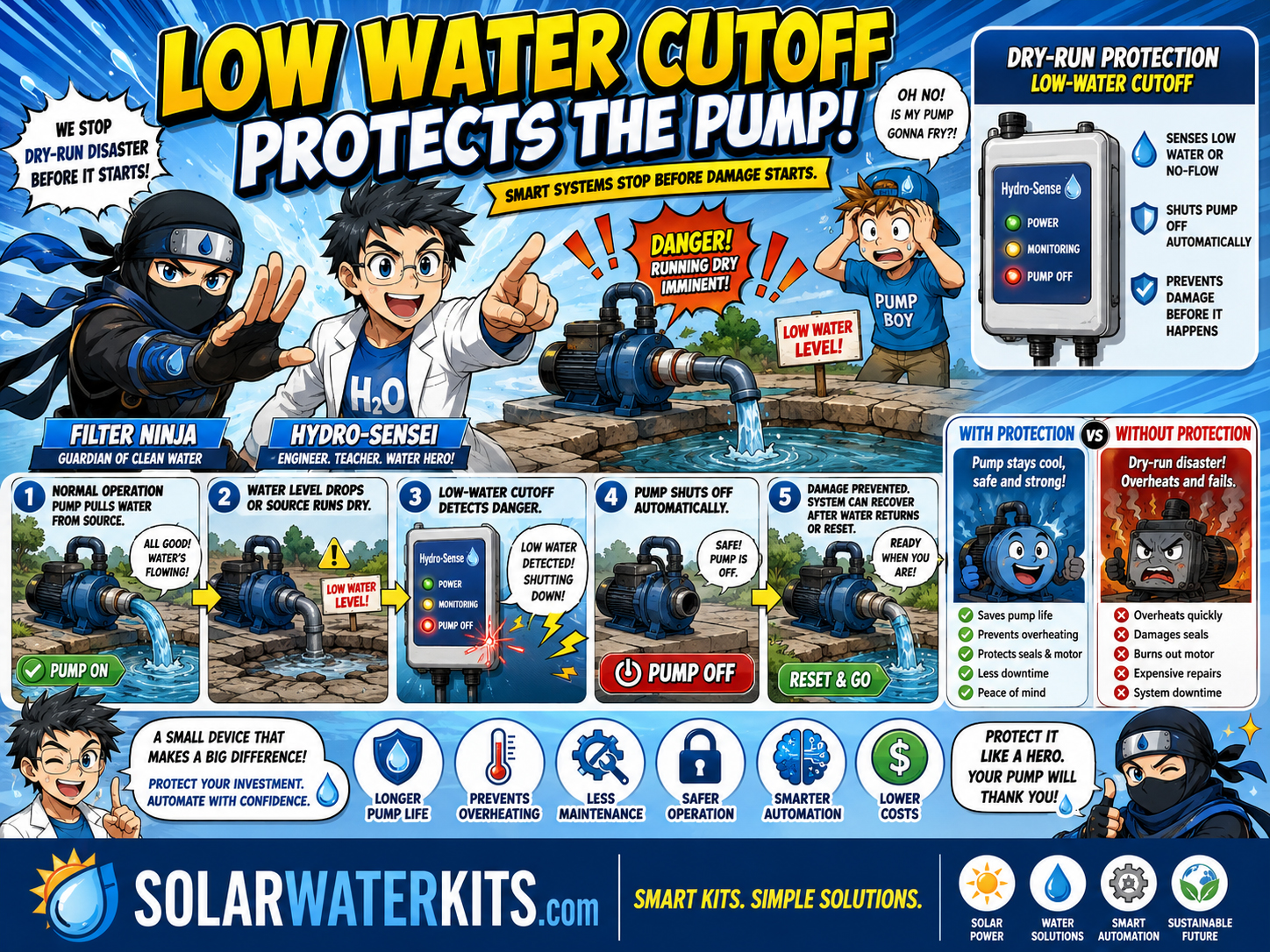 Filter Ninja and Hydro-Sensei stop a pump from running dry.