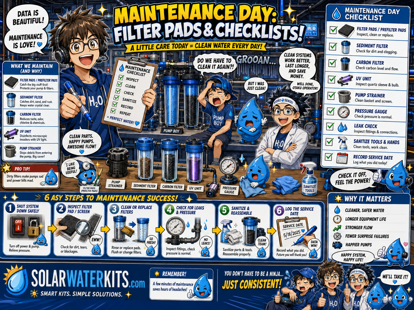 Otaku Operator happily doing maintenance with filters, pads, labels, and checklists.
