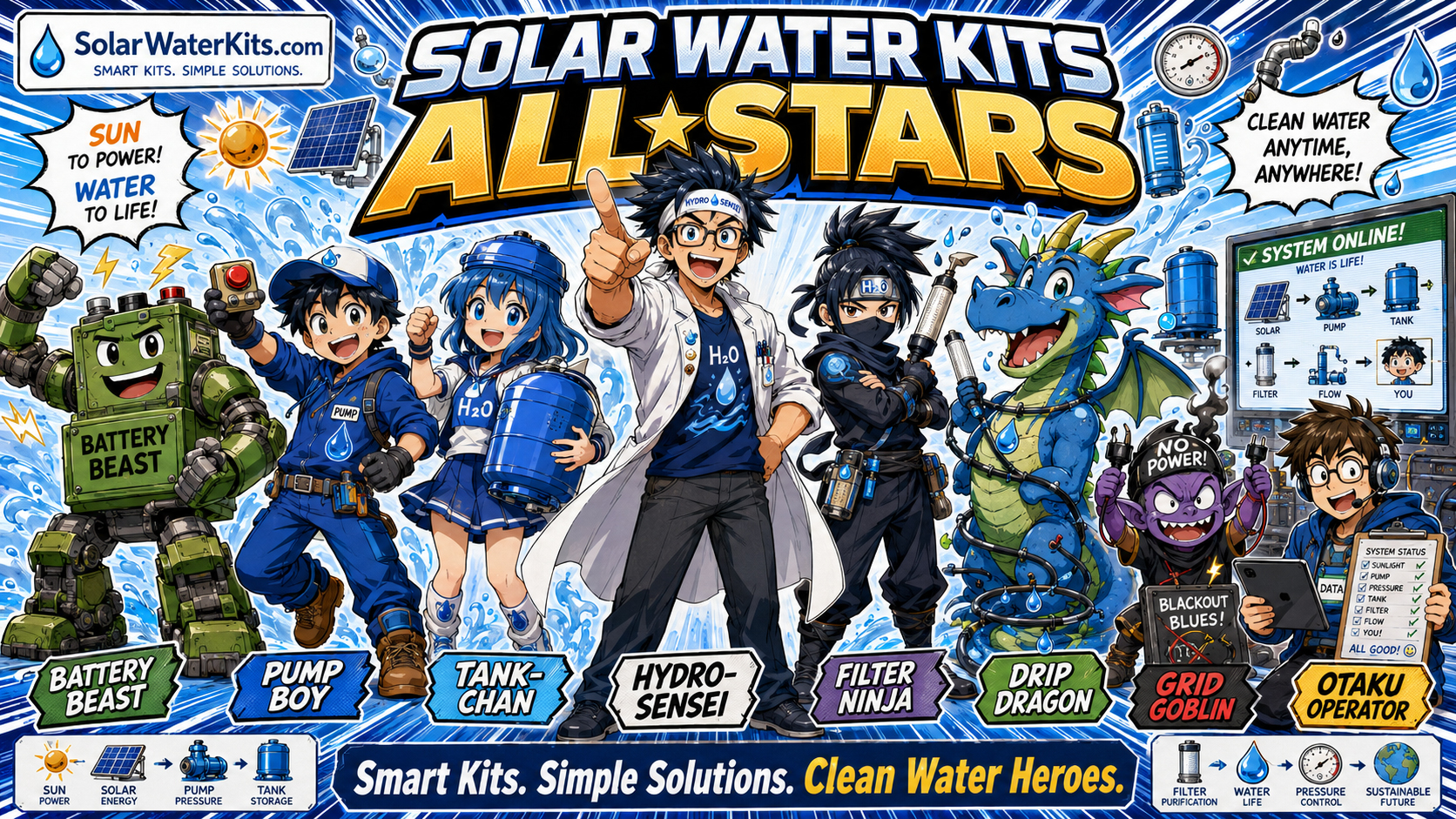 SolarWaterKits manga cast group portrait with Hydro-Sensei, Pump Boy, Tank-chan, Battery Beast, Filter Ninja, Drip Dragon, Grid Goblin, and Otaku Operator.
