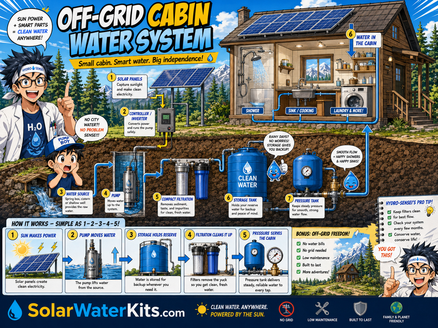 Off-grid cabin water system with rooftop solar, storage tank, pressure tank, and filtration.