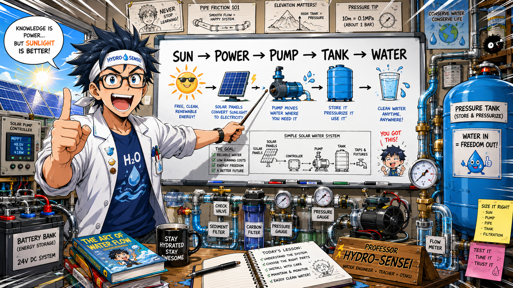 Professor Hydro-Sensei in an otaku water lab with pipes, tanks, batteries, filters, solar panels, pressure gauges, and manga water diagrams.