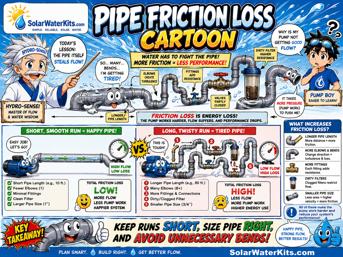 Pipe friction loss cartoon with elbows, filters, and fittings.