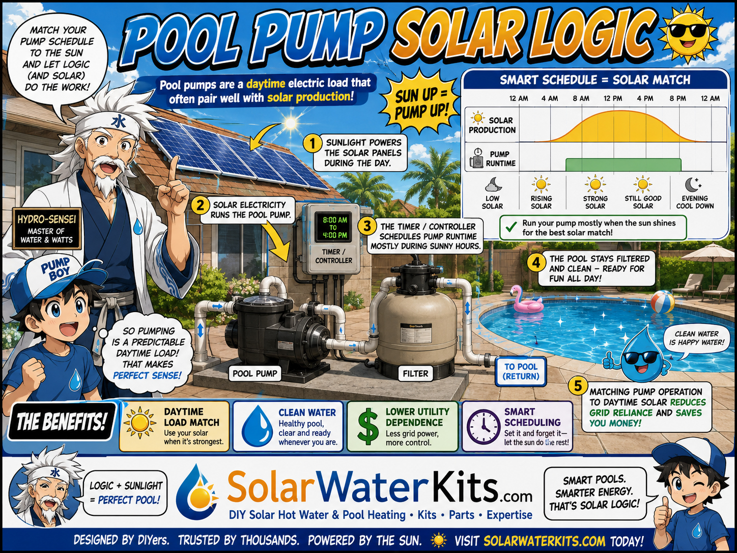 Educational pool image showing pump load, timing, and solar matching daytime demand.