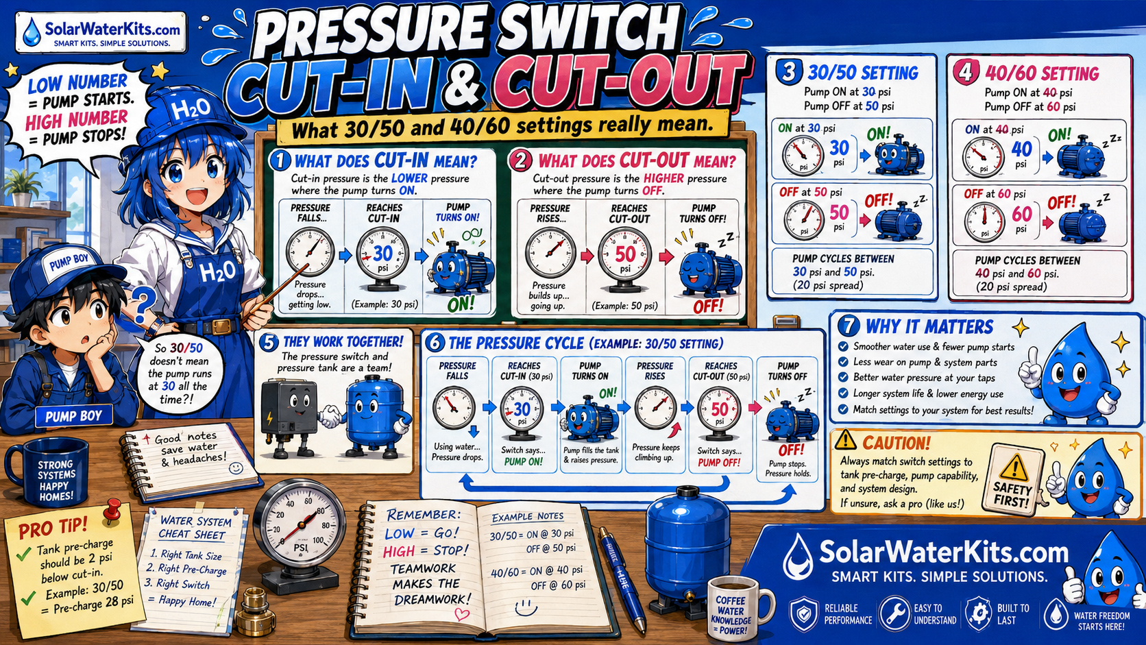 Comic classroom showing pressure switch cut-in and cut-out settings.