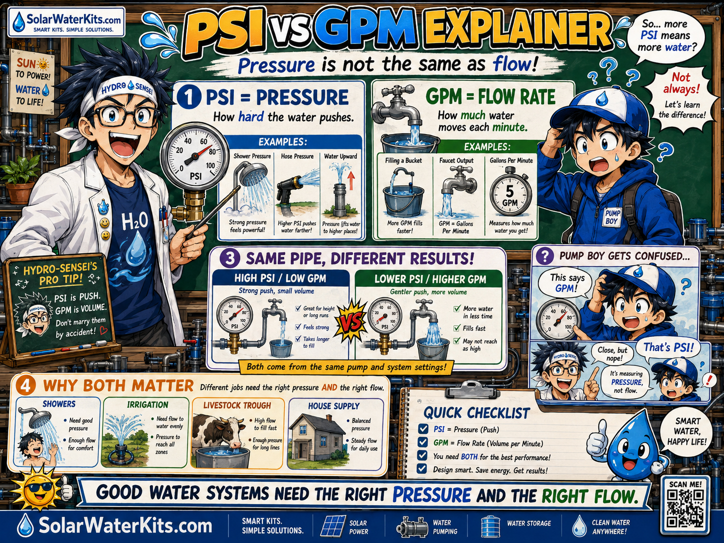 Hydro-Sensei explains PSI and GPM while Pump Boy mixes them up in a funny way.