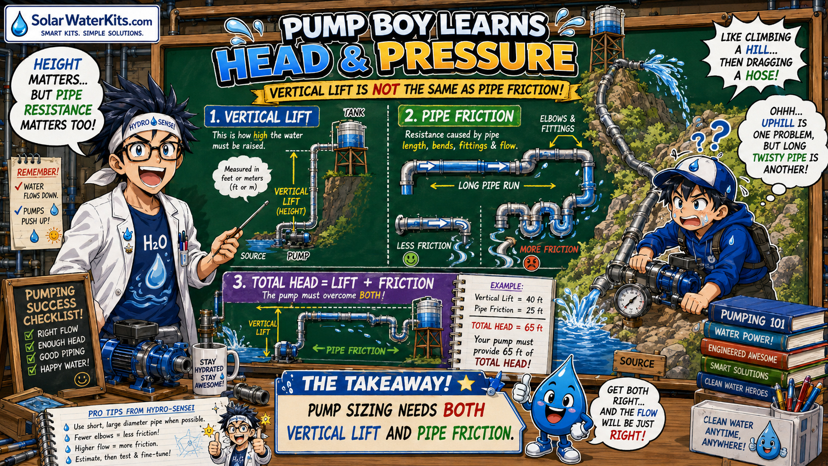Pump Boy tries to lift water uphill and learns the difference between vertical lift and pipe friction.