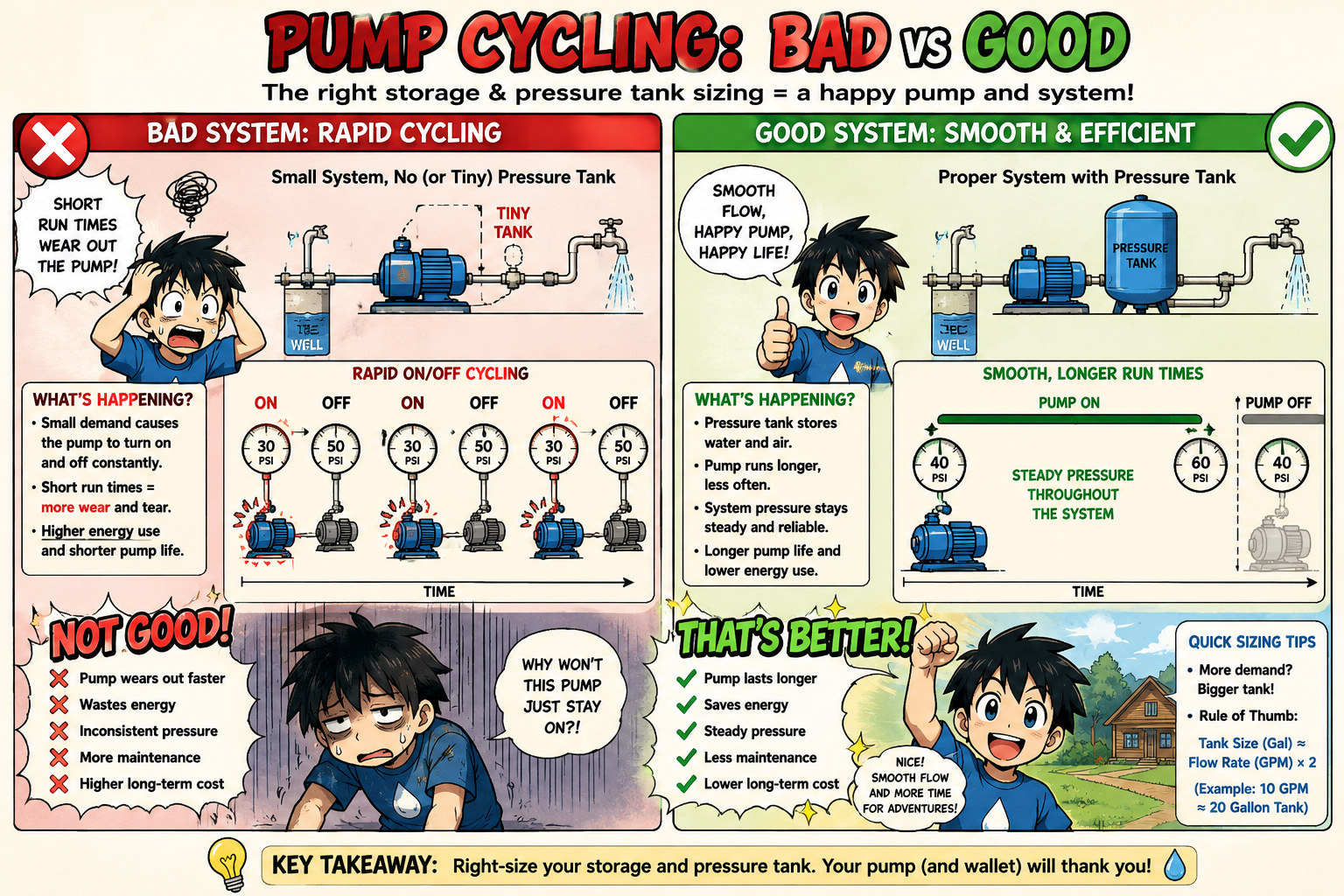 Bad rapid pump cycling versus good pressure tank sizing.