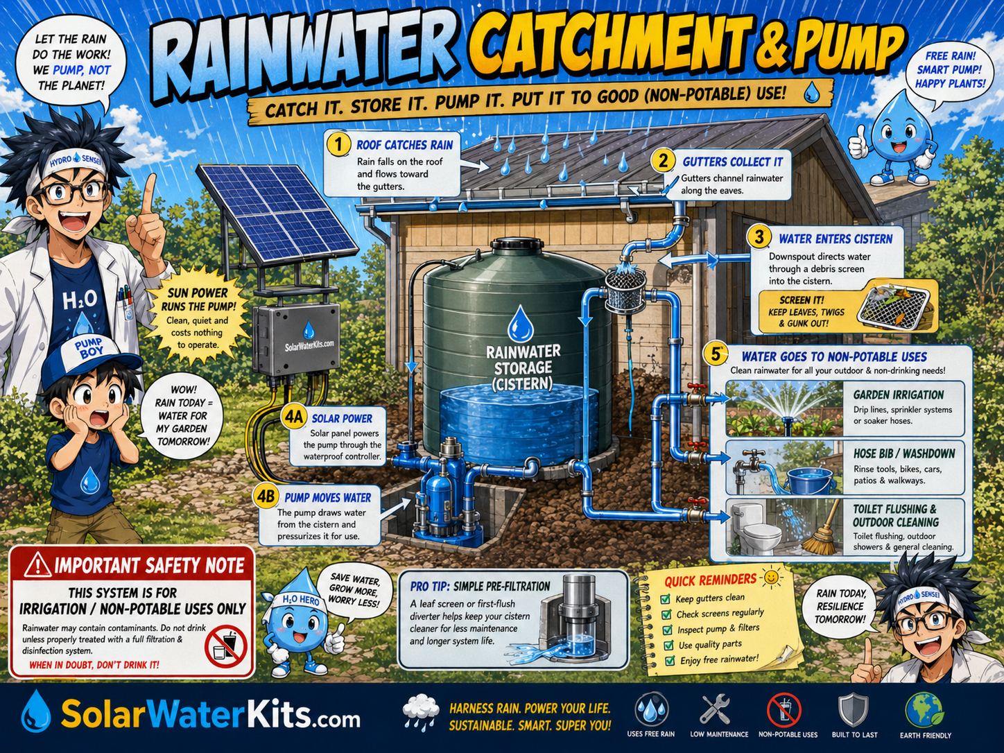 Roof gutters feeding a cistern, then a pump serving irrigation or non-potable uses.