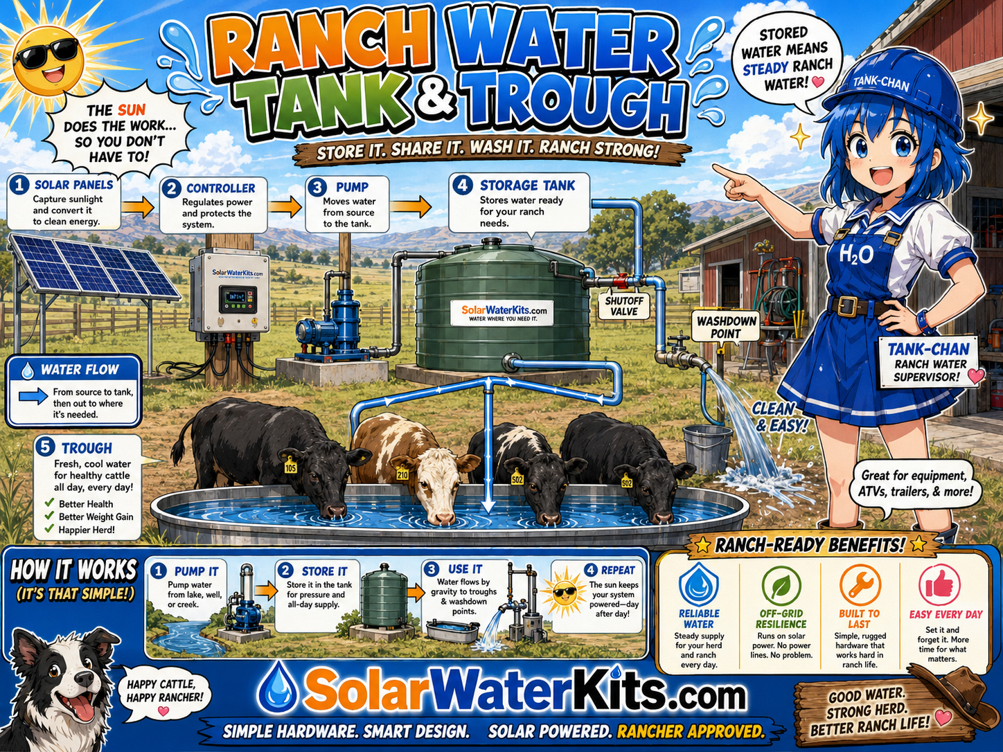 Tank-chan oversees ranch storage feeding troughs and washdown points.