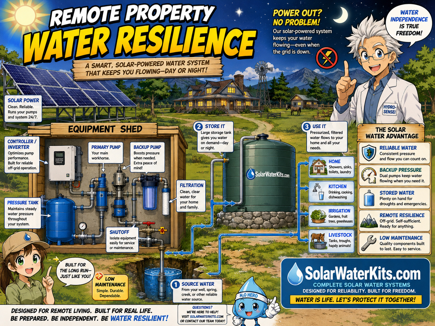 Remote property with water storage, equipment shed, labels, and backup pumping.