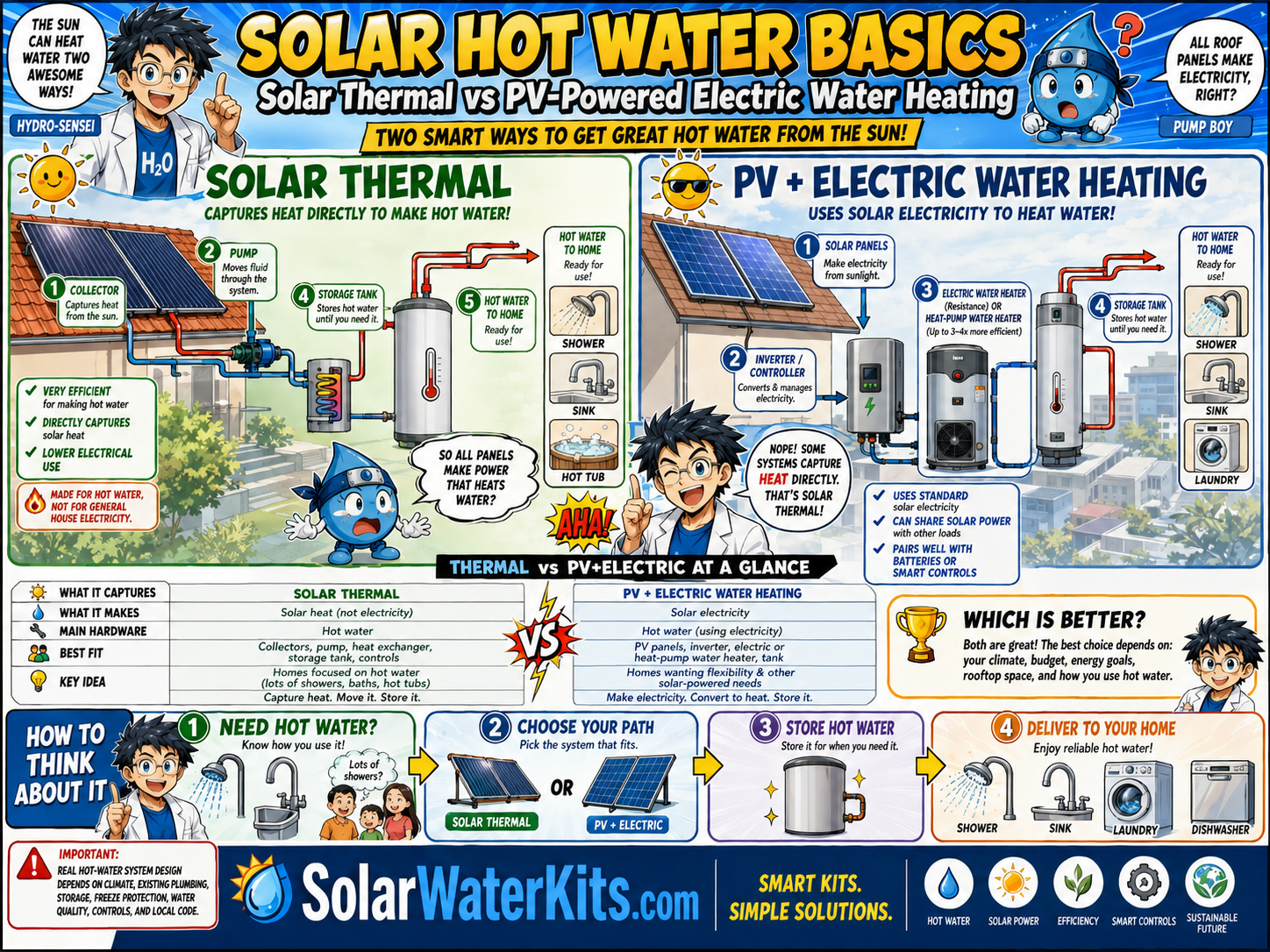 Solar hot water basics comparing solar thermal and PV electric water heating.