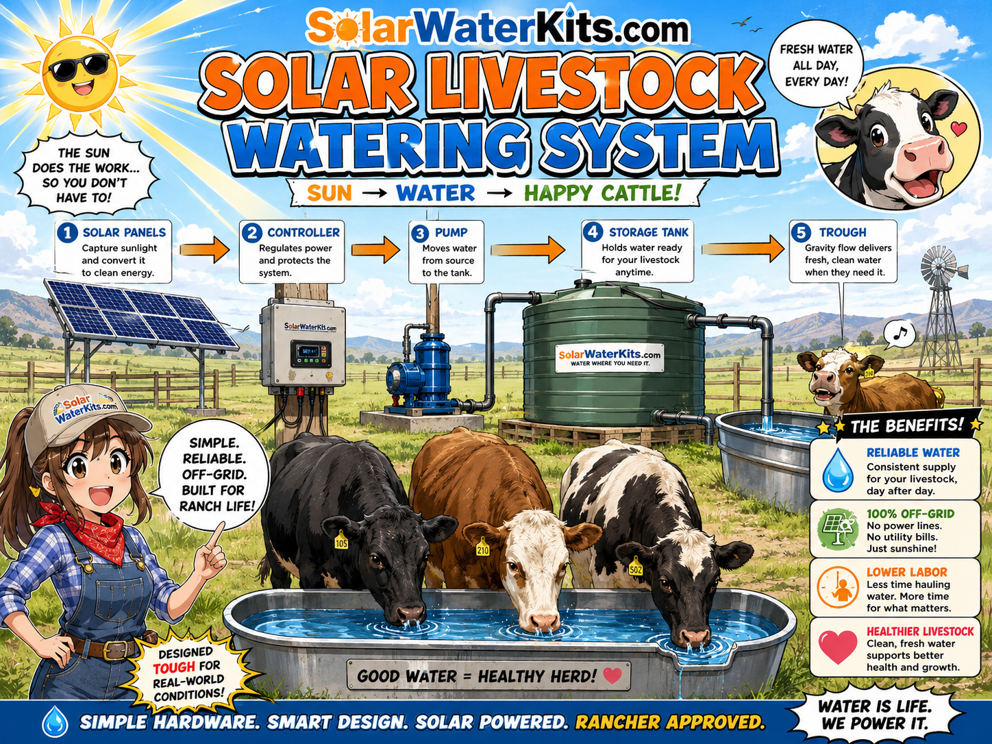 Cattle drinking from a trough fed by solar pumping and storage.