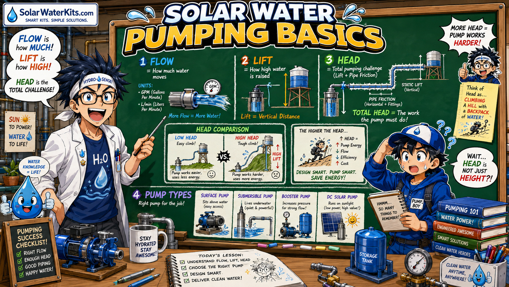 Hydro-Sensei explains flow, lift, head, and pump types on a chalkboard while Pump Boy looks confused.
