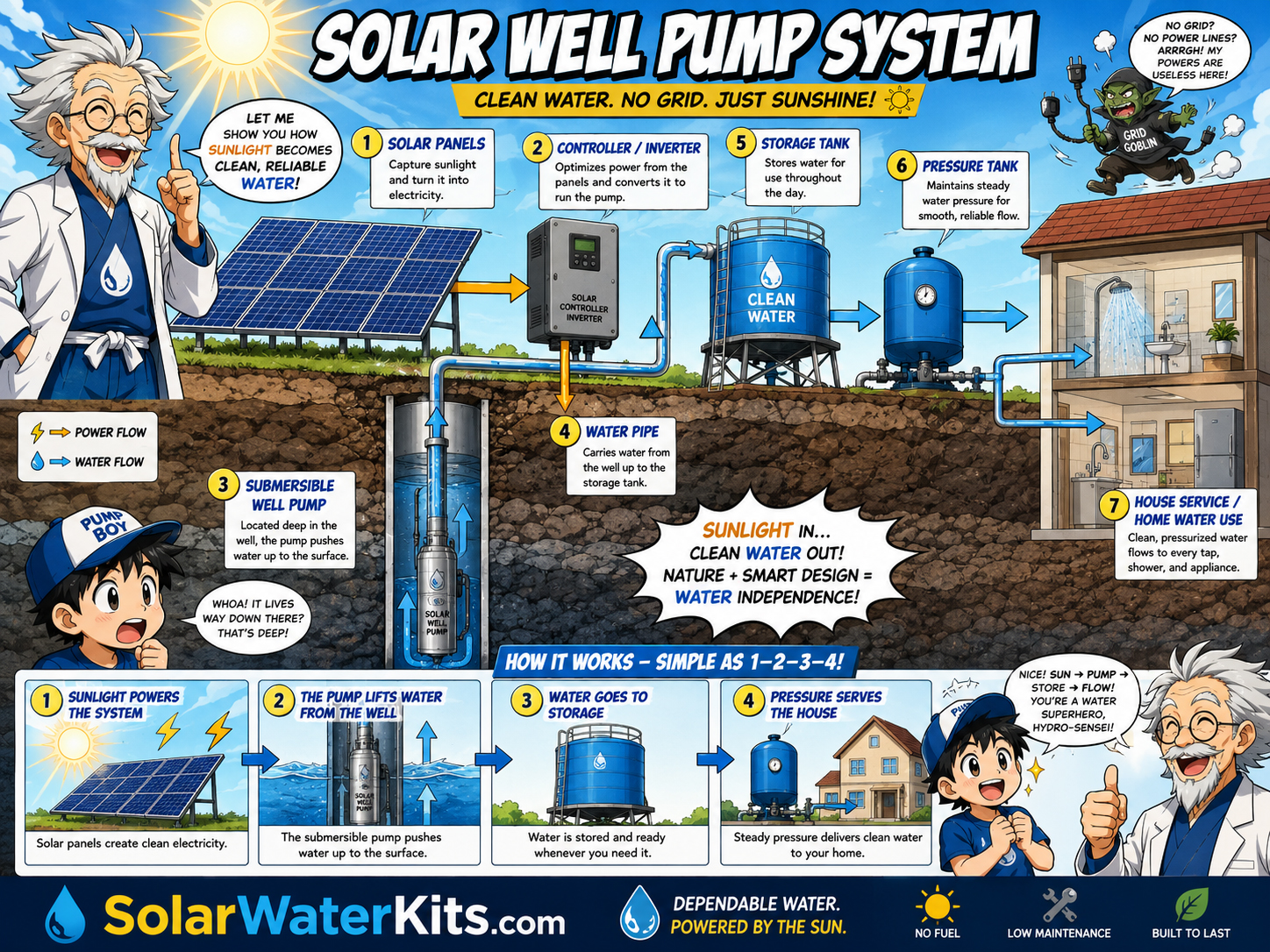Cross-section of a solar well pump system with panels, controller, pump, storage tank, and house service.