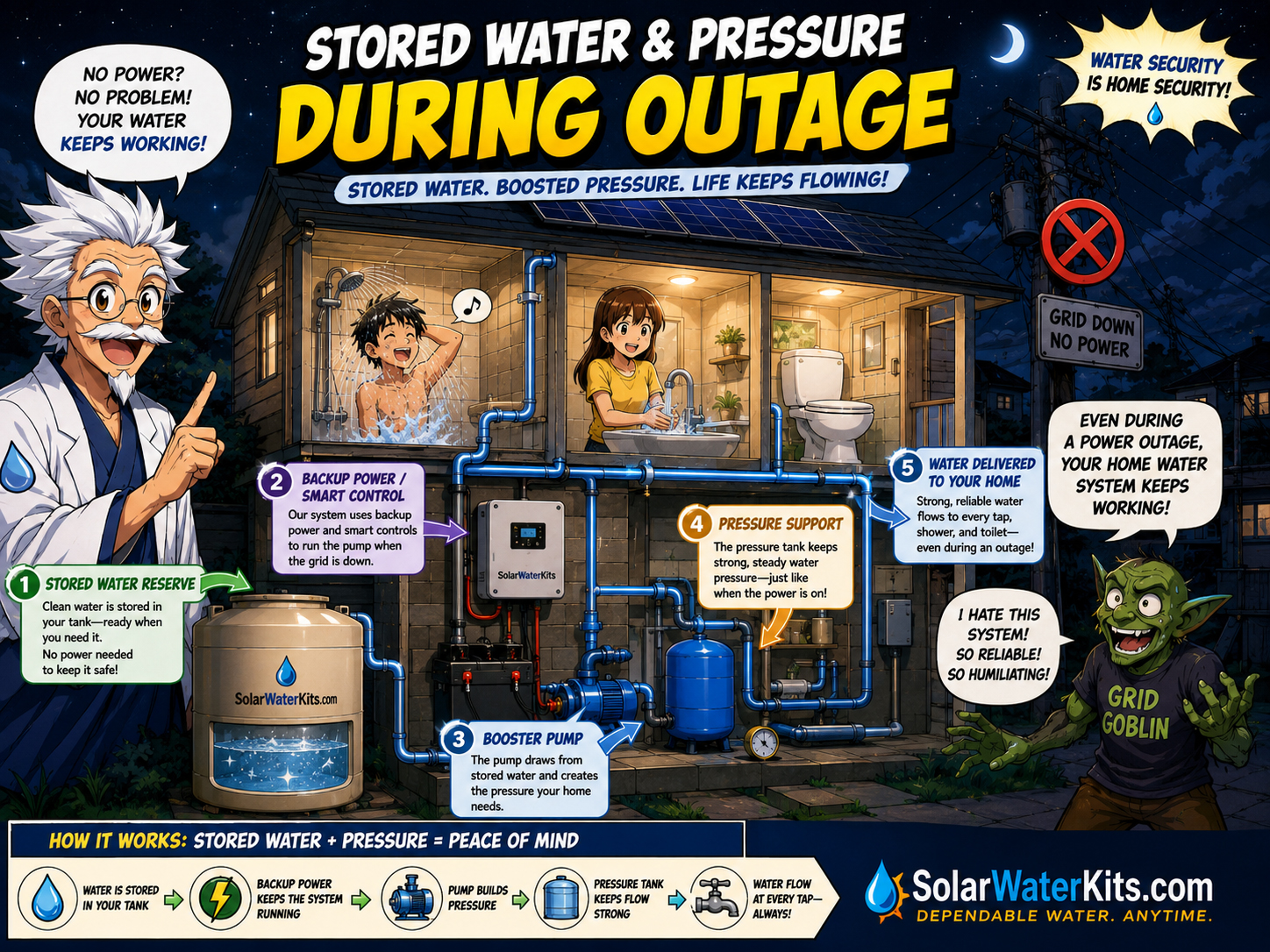 Educational cutaway of tank storage plus booster pumping during grid failure.