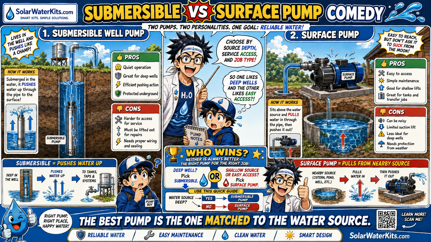 Split-panel comparison of submersible well pump versus surface pump.