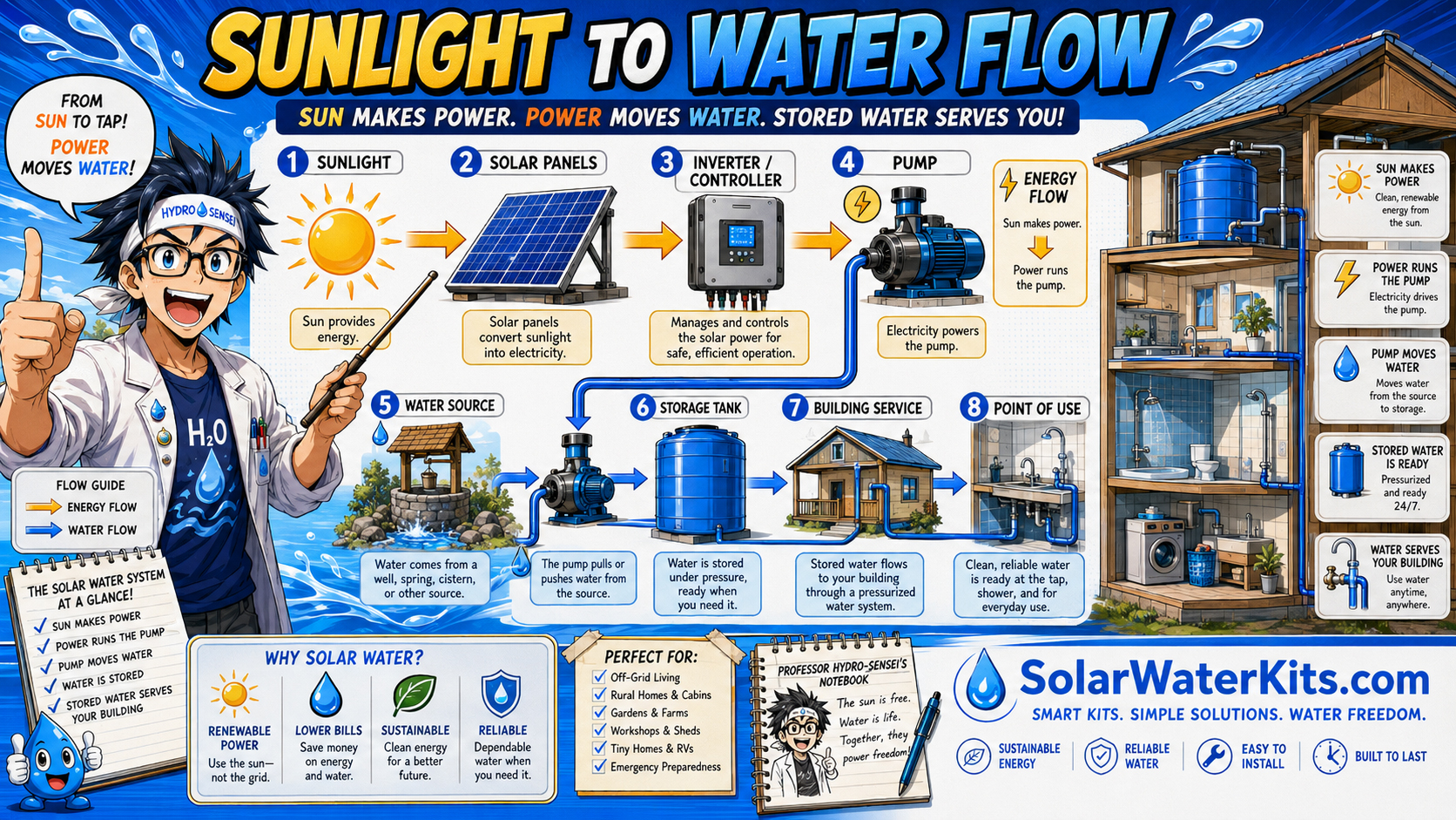 Educational diagram showing sunlight becoming electricity, electricity running a pump, and stored water serving a building.