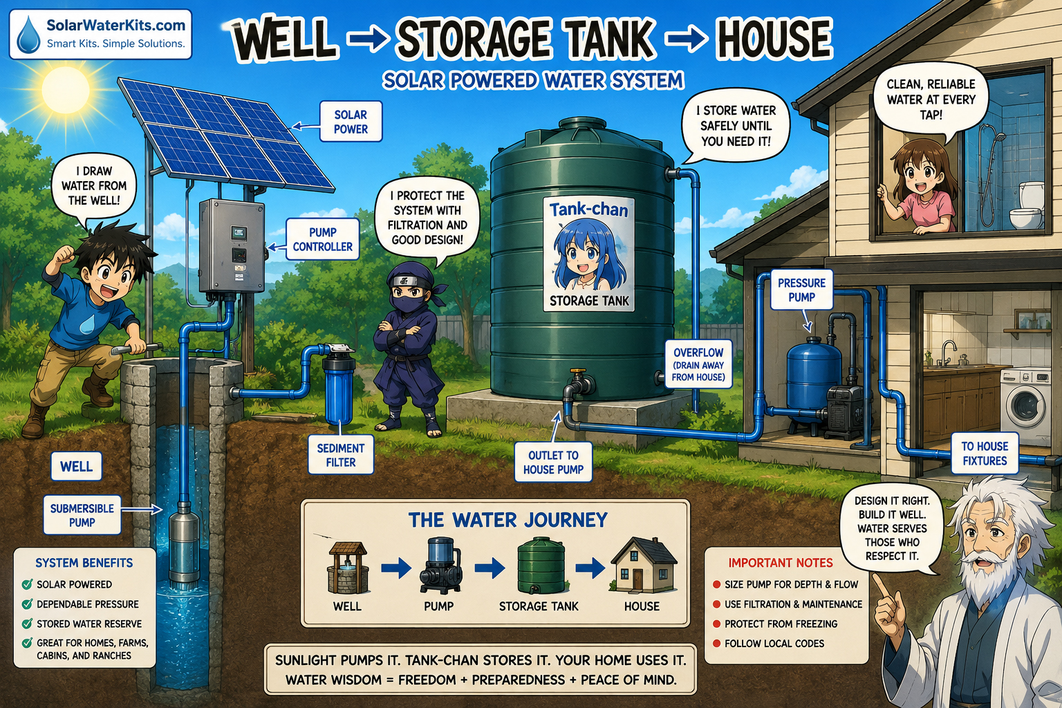 Educational sequence showing pumping to storage first, then serving building needs.