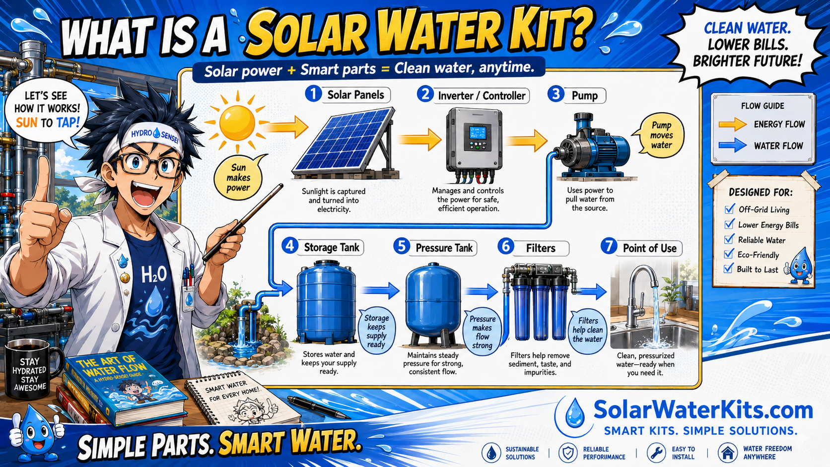 Manga diagram showing the main parts of a solar water kit: solar panels, controller, pump, storage tank, pressure tank, filters, valves, and point of use.